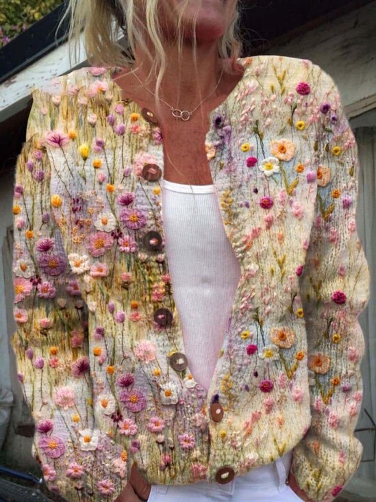 Floral Art Print Buttoned Cardigan