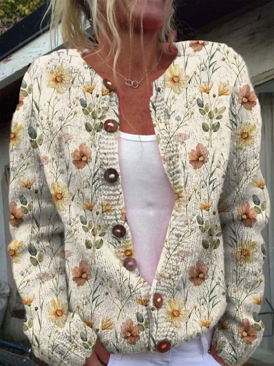 Watercolor Garden Floral Pattern Printed Buttoned Cardigan Sweater