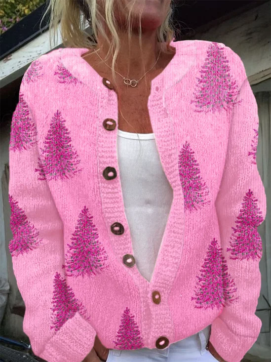 Women's Christmas Tree Print Knitted Cardigan
