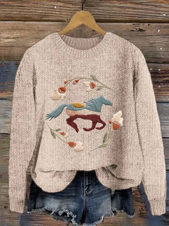 Women's Vintage Embroidered Horse Print Crew Neck Knit Sweater