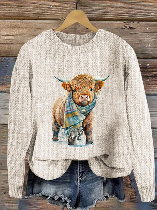 Women's Casual Highland Cow Crew Neck Sweaters