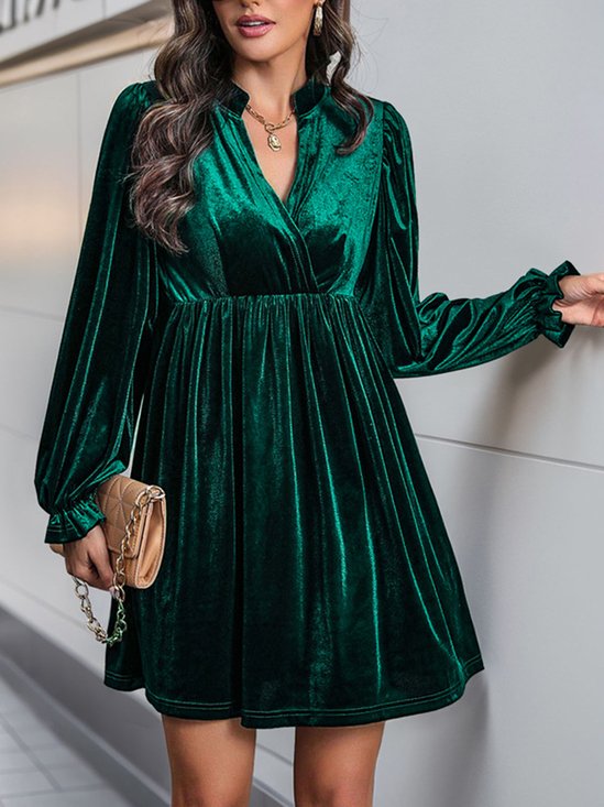 Women's Long Sleeve Spring/Fall darkgreen Plain V Neck Holiday Going Out Casual Mini H-Line Dress