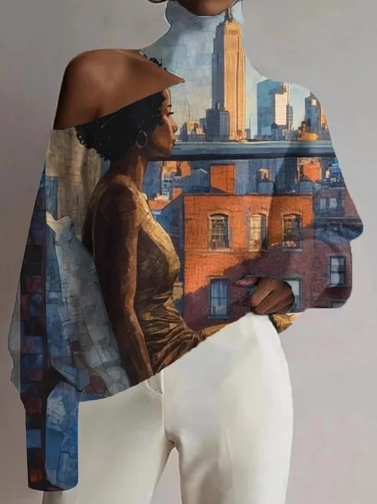 Women's Long Sleeve Blouse Spring/Fall Orange Abstract Cold Shoulder Daily Going Out Casual Top