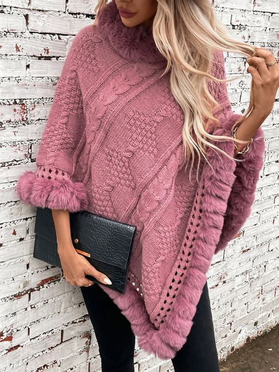 Fur Collar Elegant Plain Crew Neck Cloak