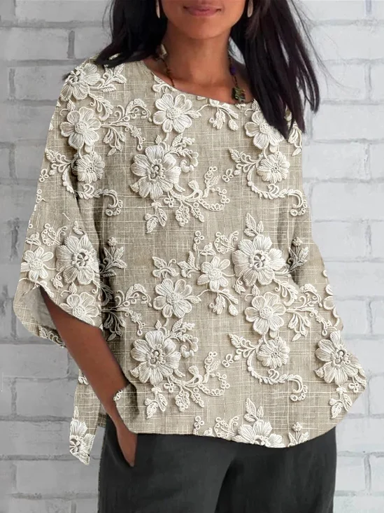 3D Printing Vintage Loose Crew Neck T-Shirt