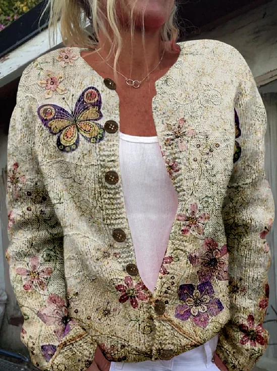 Butterfly Crew Neck Casual Cardigan