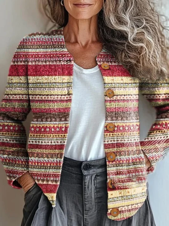 Others Striped Yarn/Wool Yarn Ethnic Cardigan
