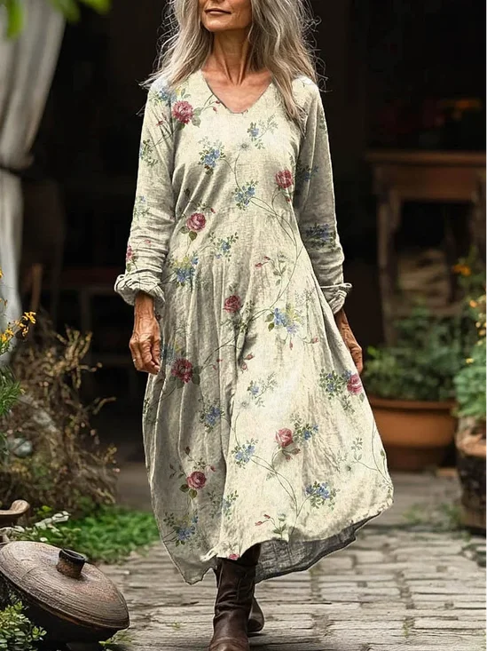 Women's Vintage Lovely Floral Art Print Pocket Cotton Dress