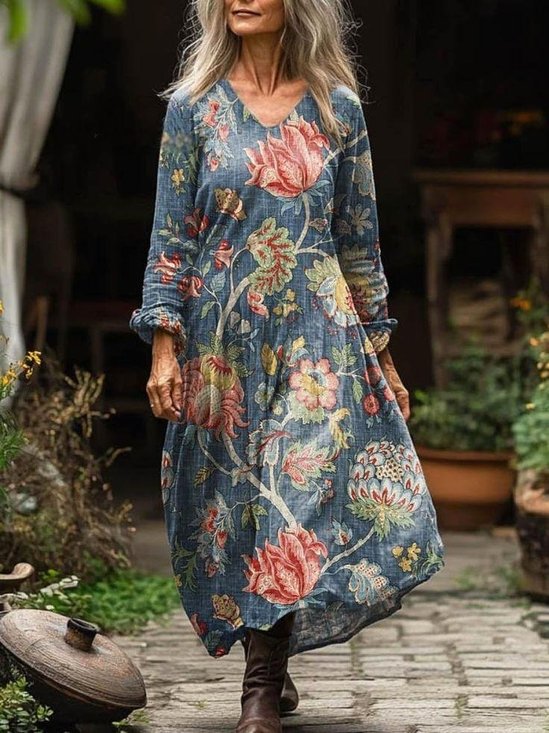Women's Vintage Lovely Floral Art Print Pocket Cotton Dress