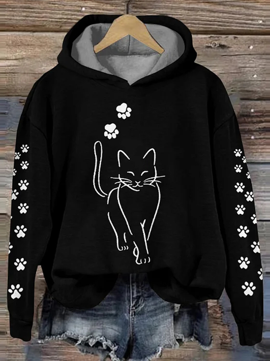 Cat Print Long Sleeve Hoodie