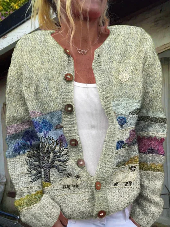 Crew Neck Vintage 3D Printing Cardigan