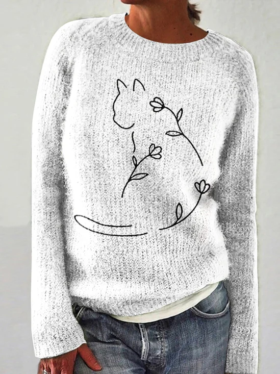 Minimalist Flower Cat Art Knitted Sweater
