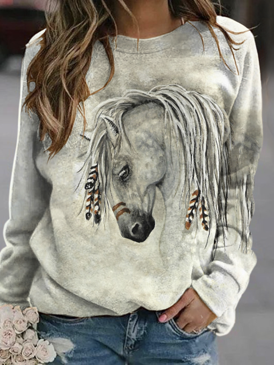 Western style horse head round neck pullover sweatshirt