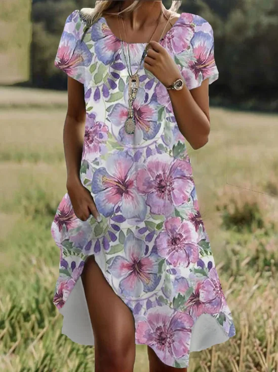 Floral Print Short Sleeve Crew Neck Dress