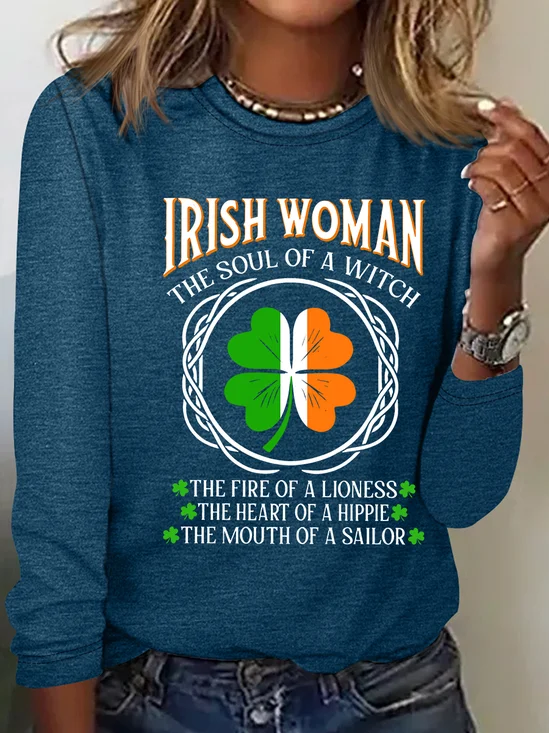 Irish Woman Fire Of A Lioness Heart Of A Hippie - Funny St Patrick's Day Casual Long Sleeve Shirt