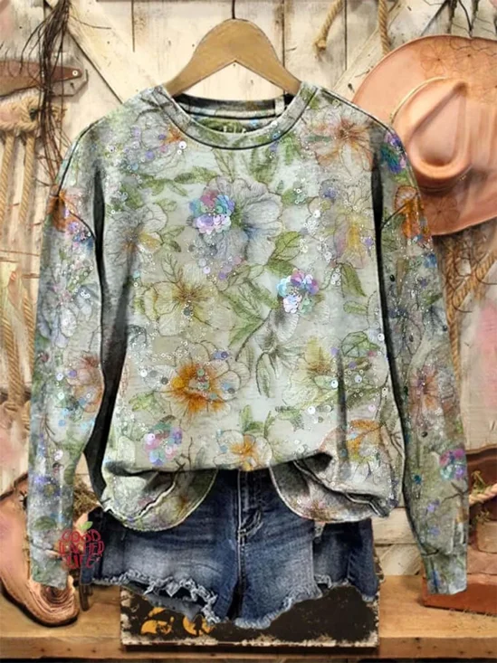 Women's Floral Spring Casual Print Long Sleeve Crew Neck Sweatshirt
