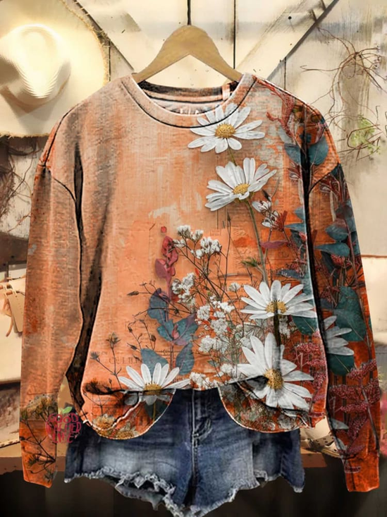 Women's Floral Spring Casual Print Long Sleeve Crew Neck Sweatshirt