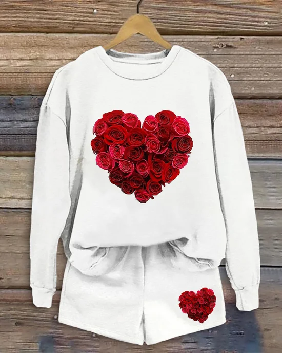 Women's Flower Love Valentine's Day Casual Spring and Autumn Tops and Pants Two-piece Set
