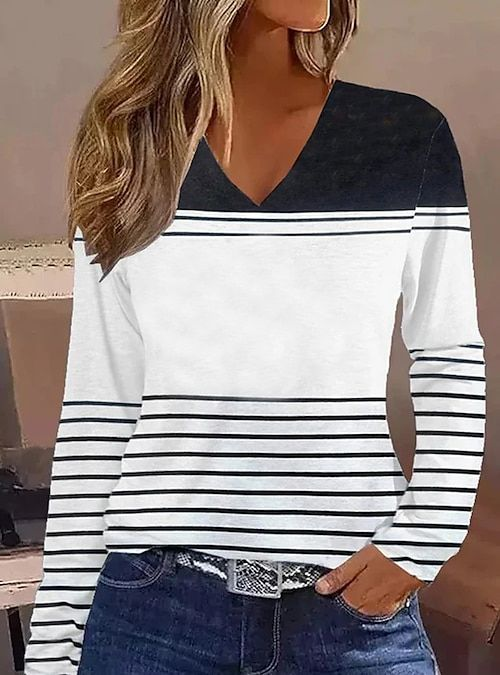 Women's Striped Print Casual V-Neck Long Sleeve T-Shirt