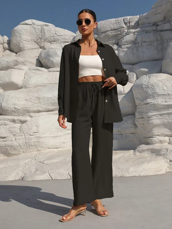 Women's Plain Daily Going Out Two-Piece Set Black Casual Spring/Fall Top With Pants Matching Set