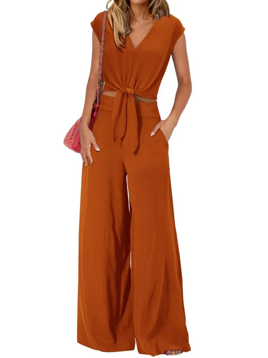 Women's Plain Daily Going Out Two-Piece Set Brick Red Casual Summer Top With Pants Matching Set