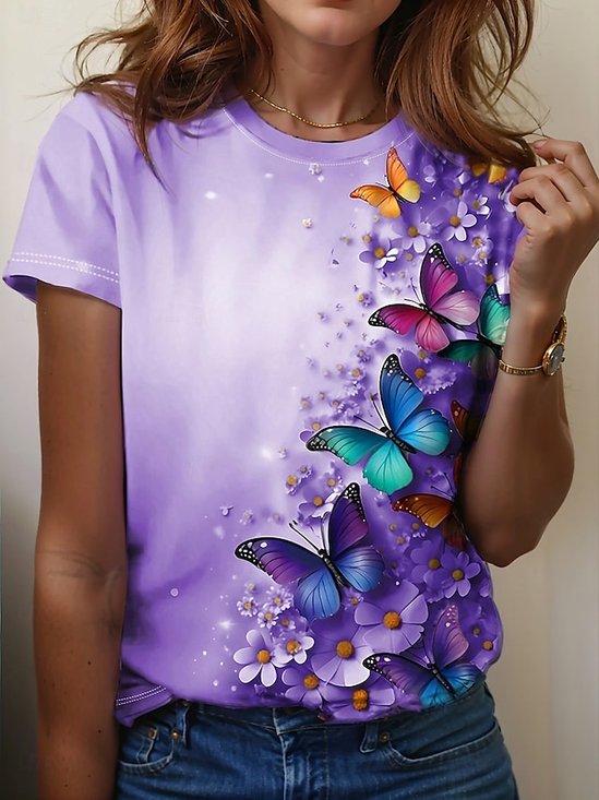 Women's Art Butterfly Floral Print Crew Neck T-Shirt