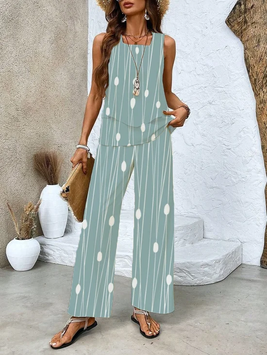 Women's Striped Printed CasualVest And Trousers Two-Piece Suit