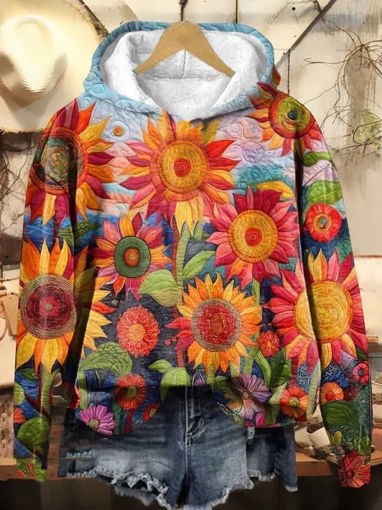 Women's Spring Floral Sunflower Casual Hooded Sweatshirt