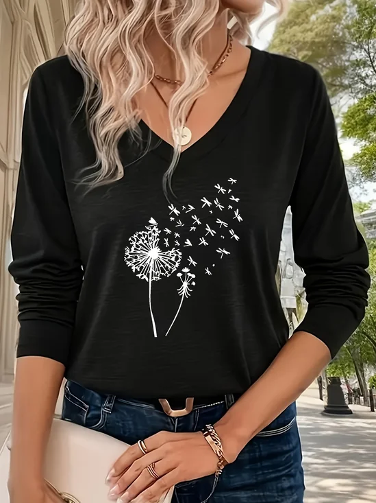 V Neck Casual Dandelion Regular Fit T-Shirt