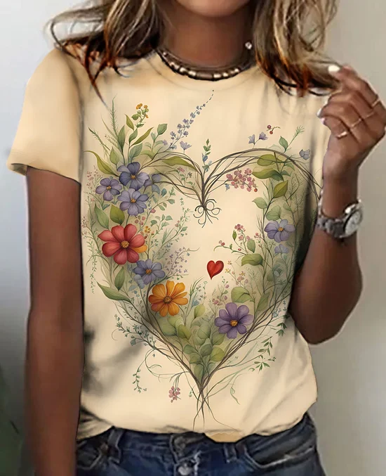 Floral heart round neck short sleeve T-shirt