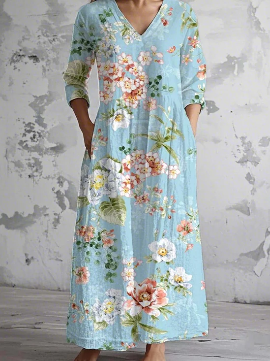 Women's Vintage Lovely Floral Art Print Pocket Cotton Dress
