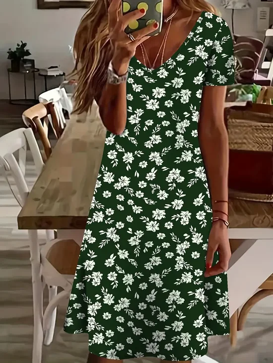 Women's Floral Spring Print Casual V-Neck Short Sleeve Dress