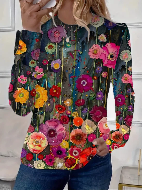 Women's Floral Spring Print Casual Round Neck Long Sleeve T-Shirt