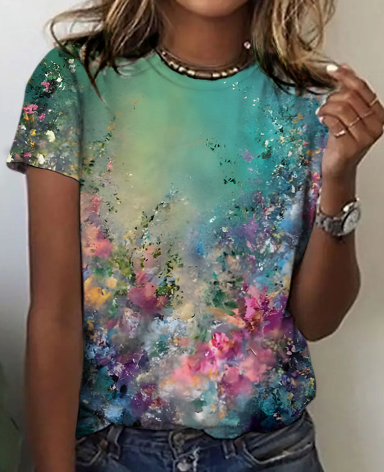 Abstract floral crew neck short-sleeved T-shirt