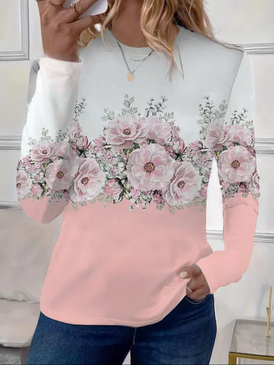 Women's Floral Spring Print Casual Round Neck Long Sleeve T-Shirt