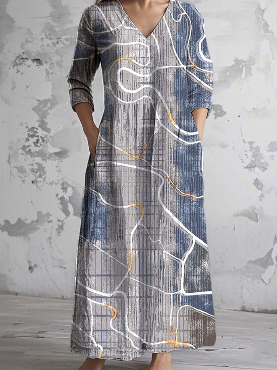 Women's Vintage Floral Art Print Pocket Cotton Dress