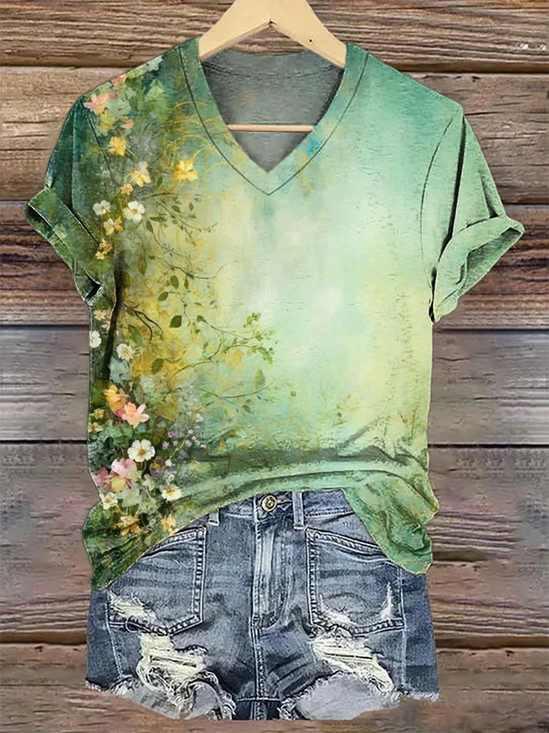Women's Spring Floral Casual V-Neck Short Sleeve T-Shirt