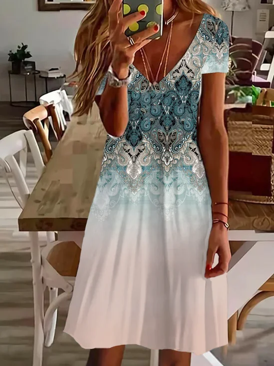 Women's Floral Spring Print Casual V-Neck Short Sleeve Dress