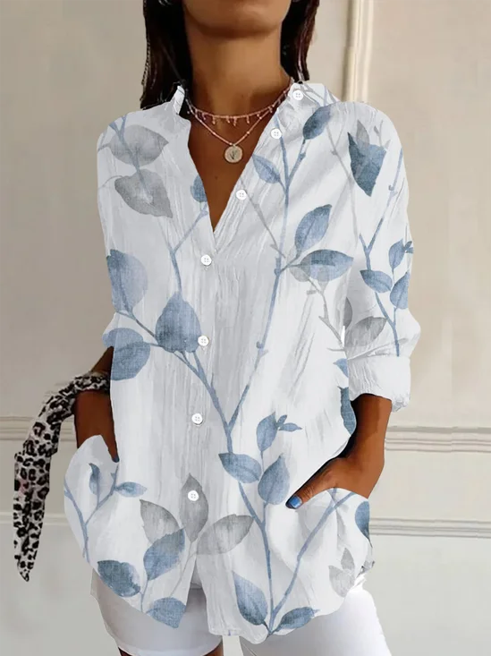 Women's Long Sleeve Shirt Spring/Fall White Floral Buckle Shirt Collar Daily Going Out Casual Top