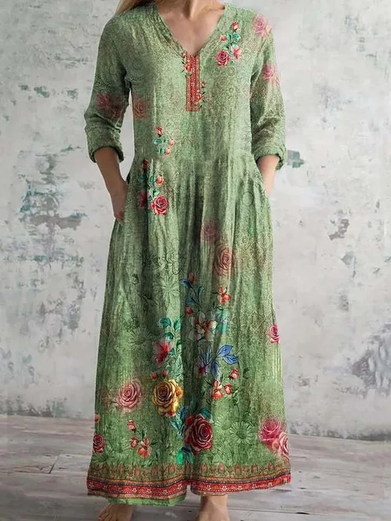 Women's Vintage Floral Art Print Pocket Cotton Dress