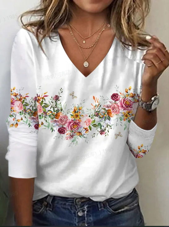 Women's Floral Spring Print Casual V-Neck Long Sleeve T-Shirt