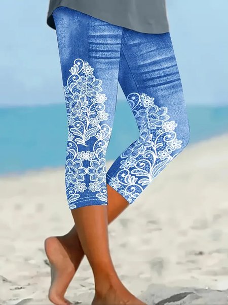 Women's Faux Denim Floral Spring Print Casual Fashion Leggings