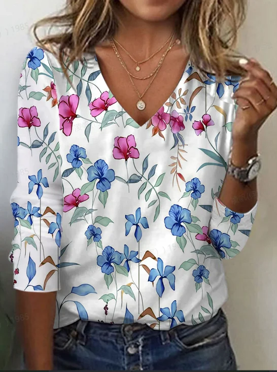 Women's Floral Spring Print Casual V-Neck Long Sleeve T-Shirt