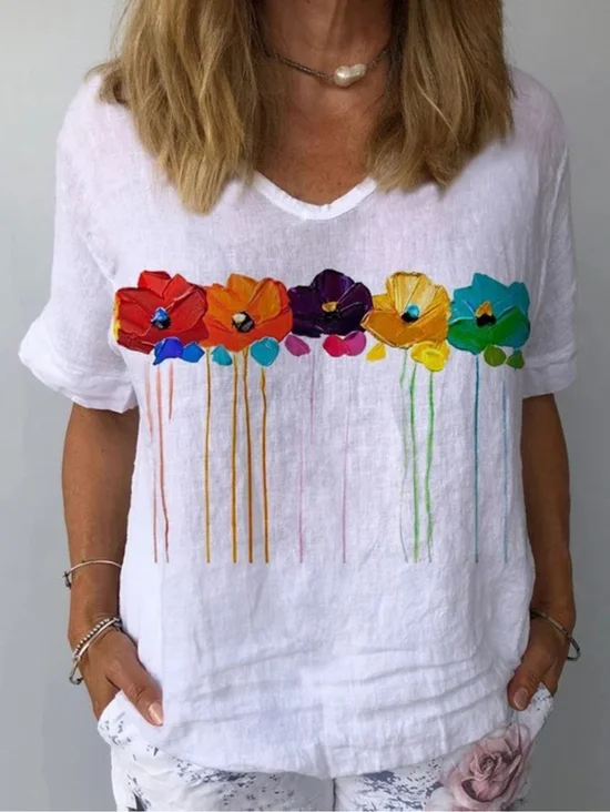 Casual Floral V Neck Cotton Short Sleeve Loosen Floral Top
