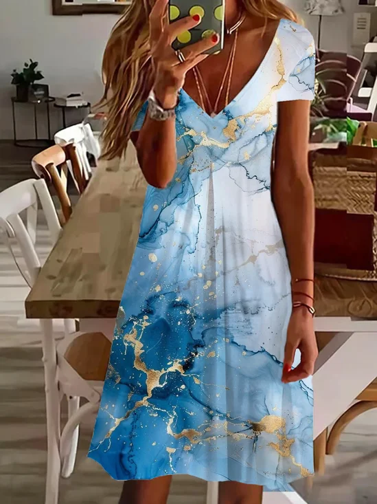 Women's Abstract Spring Print Casual V-Neck Short Sleeve Dress