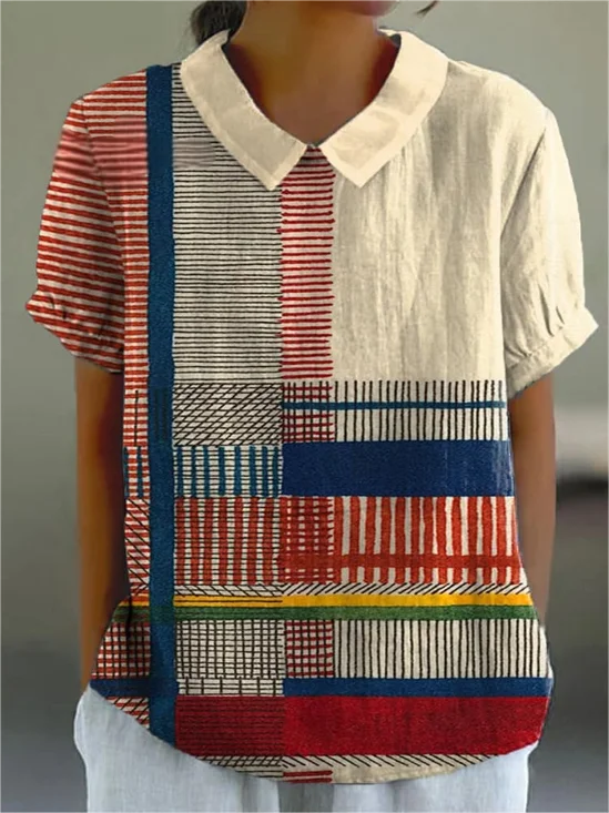 Loose Striped Shawl Collar Casual T-Shirt