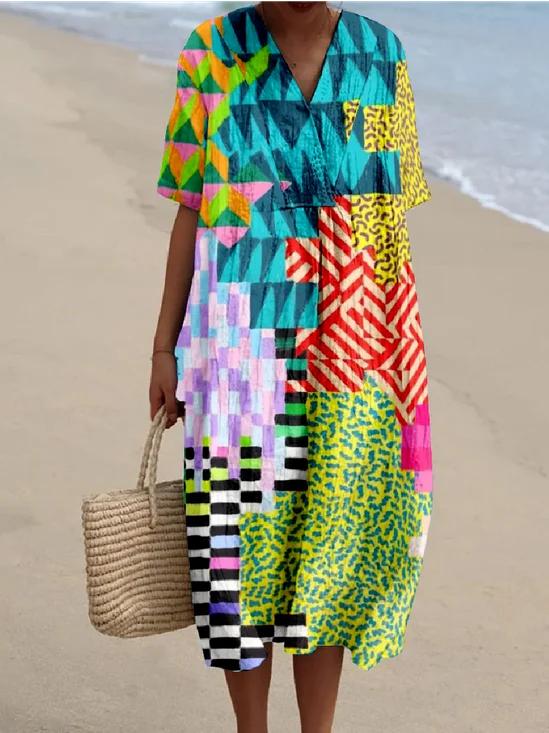 Multicolor Block Boho Cotton-Blend Loose Dress With No