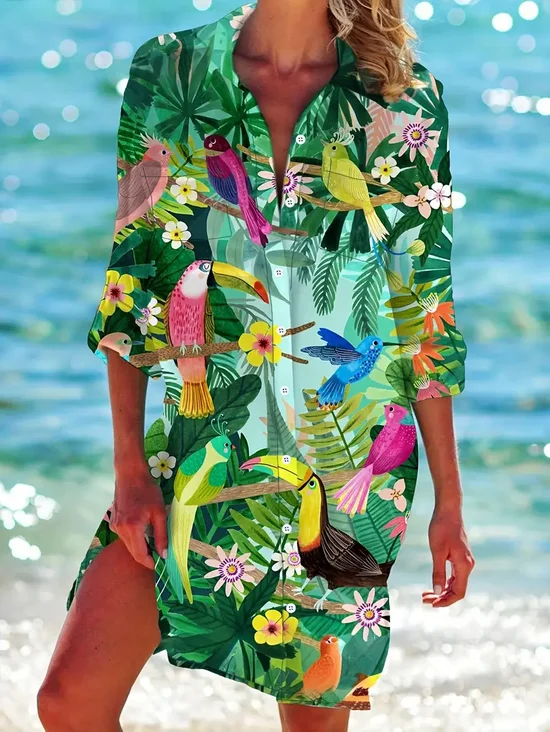 Women's Parrot Print Spring and Summer Fashionable Long Sleeve Shirt