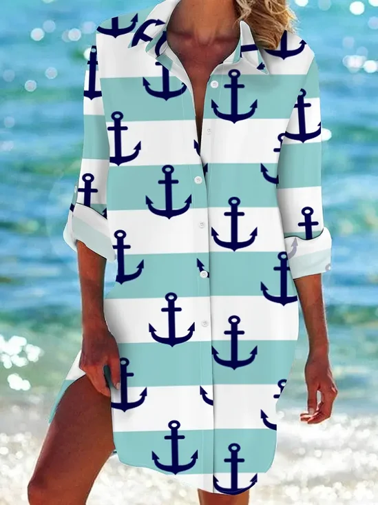 Women's Anchor Stripe Print Spring Summer Long Sleeve Shirt