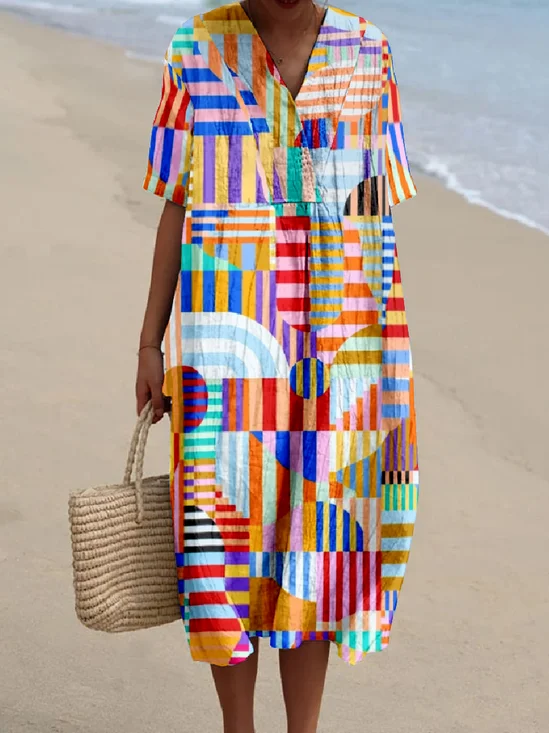 Vintage V Neck Multicolor Block Cotton-Blend Dress With No